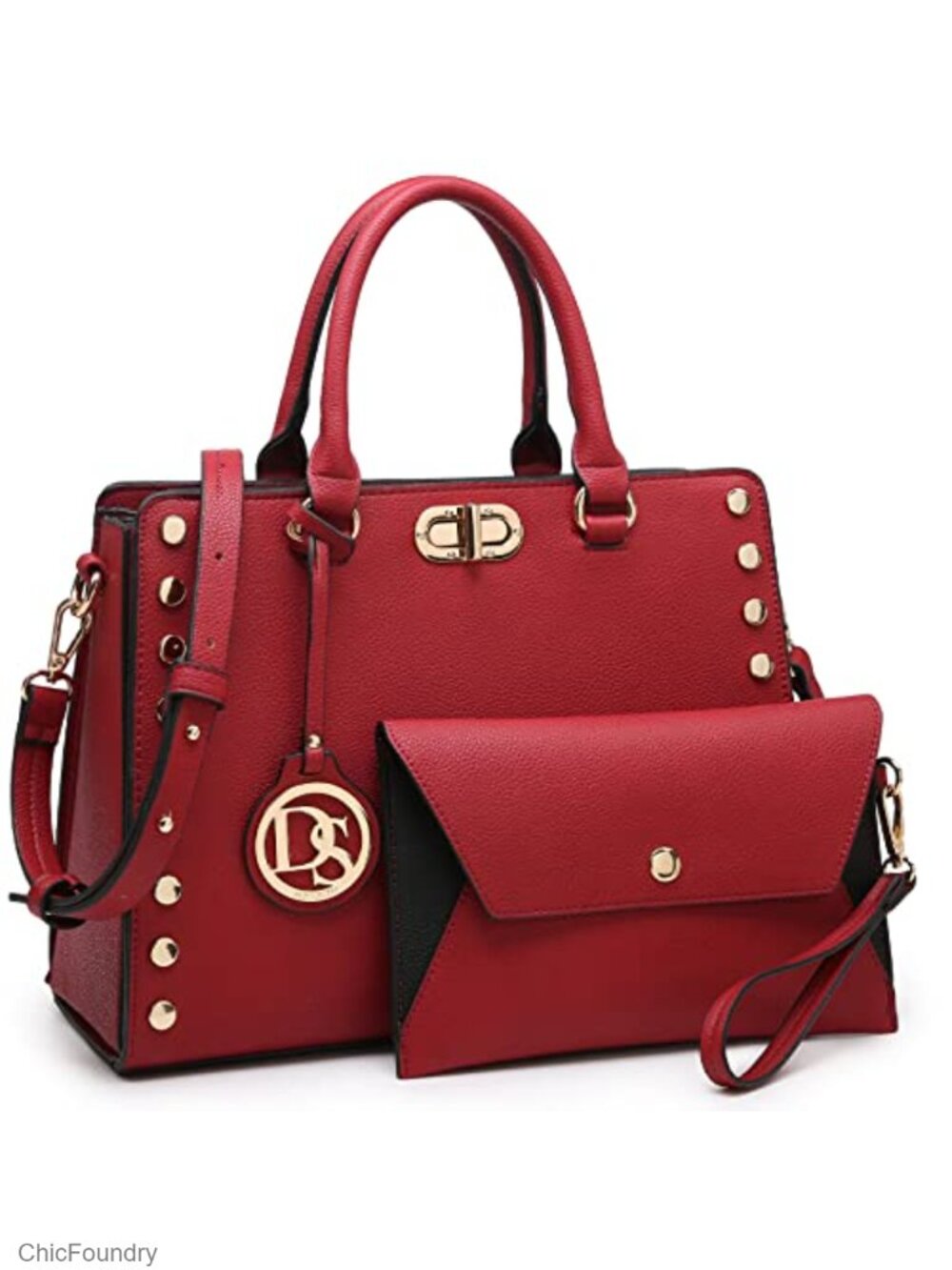 Vegan Leather Satchel Handbag with Clutch Set Studded Tote Work Bag
